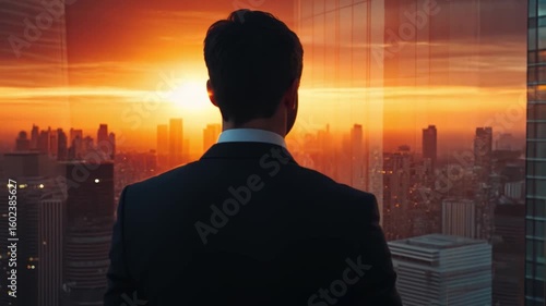 The Visionary's Gaze: Silhouette of a business executive, contemplating a bustling cityscape during sunset, embodies ambition and strategic planning.