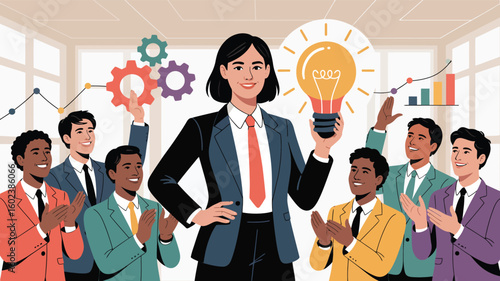 Innovative idea recognized by business team in modern office with glowing light bulb, gears, charts, and applause—symbolizing success and leadership