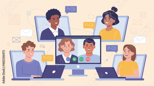 Virtual business meeting with diverse professionals on video conference call, showcasing remote teamwork, online collaboration, and communication