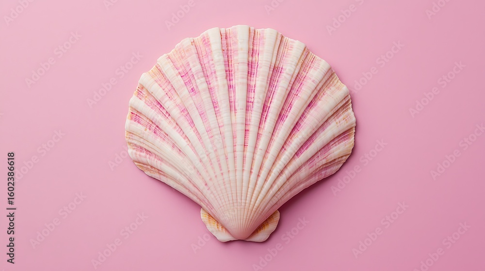 Fototapeta premium A single pink and white scallop shell displayed against a solid pink background.