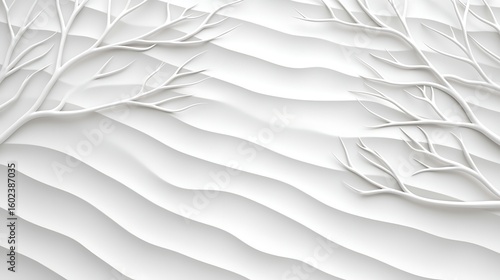 Wallpaper Mural A minimalist paper art scene of bare tree branches casting shadows over gently layered, wavy terrain in soft white tones. Torontodigital.ca