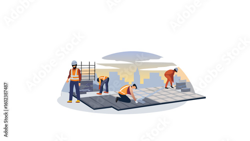 Workers are installing tiles on a rooftop with a city skyline in the background under a cloudy sky view