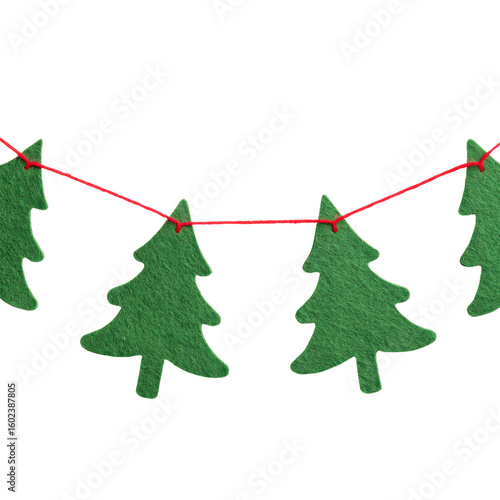 Christmas tree garland with green felt trees on red string isolated on transparent background