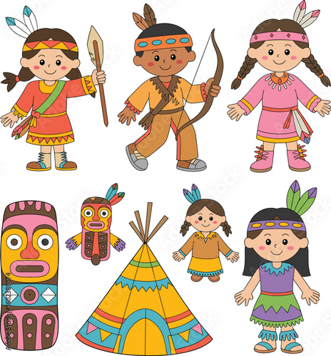 Cartoon children in Native American-inspired outfits with feathers, totem poles, teepee, and cultural items, ideal for education and heritage themes