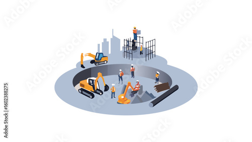 Wallpaper Mural Illustration of a construction site with workers and excavators in a circular excavation area Torontodigital.ca