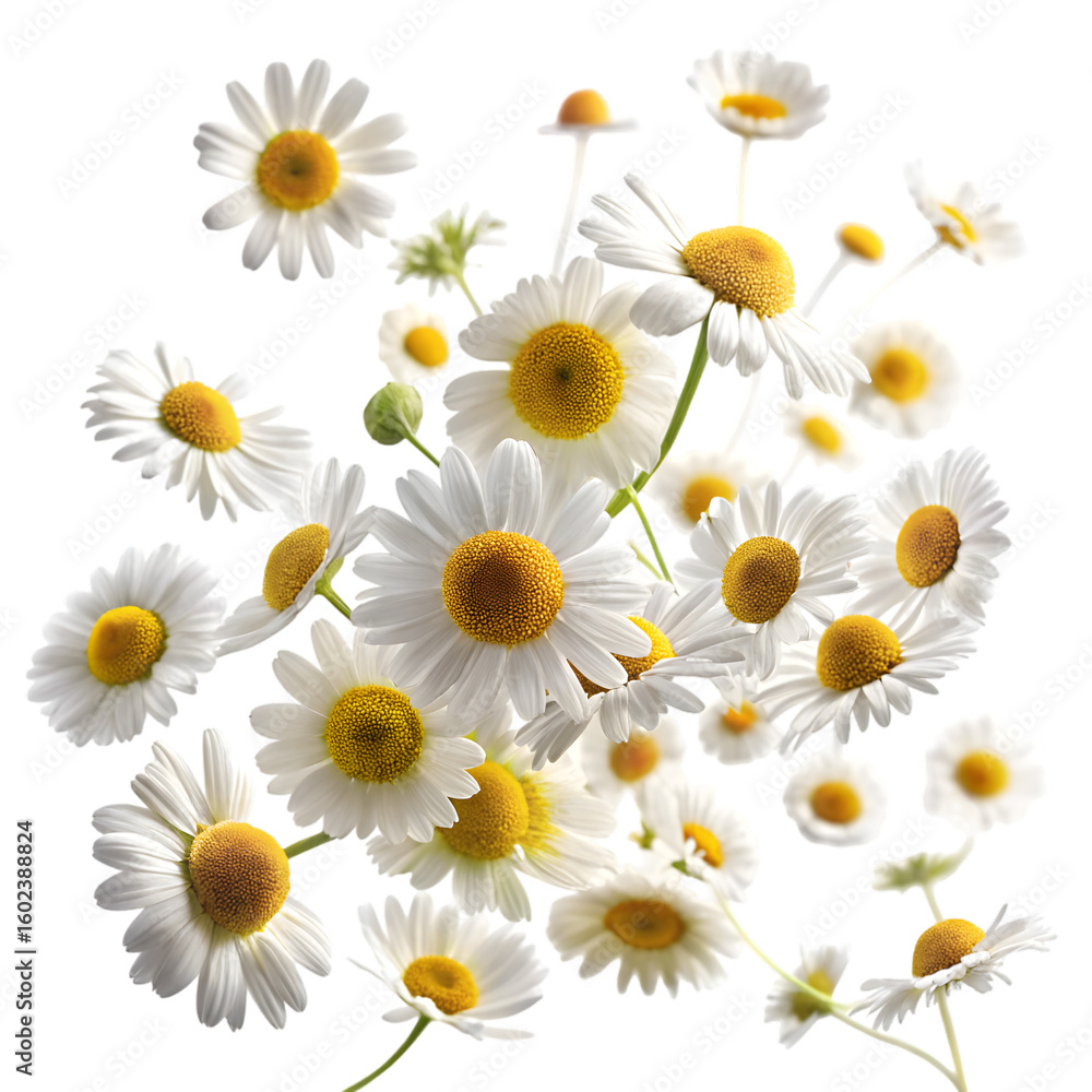 Fototapeta premium Falling chamomile isolated on transparent background full depth of field fresh herbal flower