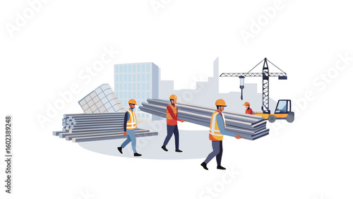 Construction workers carrying metal beams at a construction site with crane and buildings in the background