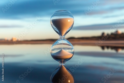 Tranquil Timekeepers An Hourglass Reflecting Life s Balance on Serene Waters, Capturing Moments