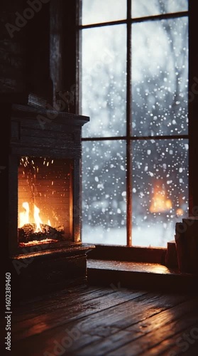 Cozy fireplace burning while snow falls outside the window. The perfect winter scene for warmth and relaxation.

