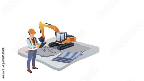Construction worker with clipboard standing near excavator and rebar on a concrete platform at a job site