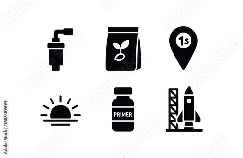 solid icon isolated beginning ignition coil beginning seed packet beginning first step marker beginning dawn beam projector beginning primer vial beginning launch pad