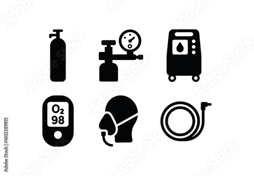 solid icon isolated oygen cylinder tank oygen regulator gauge oygen concentrator unit oygen saturation monitor oygen mask interface oygen supply hose