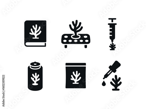 solid icon isolated coral taonomy guidebook coral frag plug holder coral feeding syringe coral calcium reactor tube coral nutrient supplement packet coral health dye marker