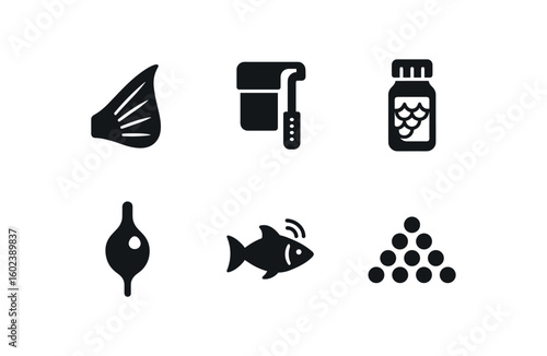 solid icon isolated fish fin clipper tool fish tank filter unit fish scale sample vial fish swim bladder model fish tracking tag fish feed pellet