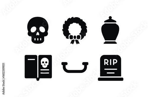 solid icon isolated death skull replica death mourning wreath death funeral urn death obituary ledger death coffin handle death epitaph plaque