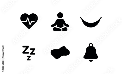 solid icon isolated rest heartbeat monitor rest meditation mat rest hammock cradle rest lullaby tune rest contour pillow rest tranquility bell