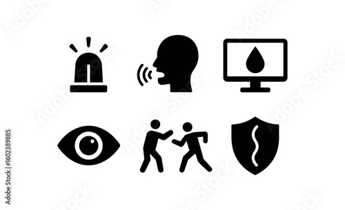 solid icon isolated fear warning siren fear voice tremor analyzer fear sweat gland monitor fear pupil dilation sensor fear f marker fear tremor shield