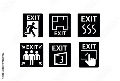 solid icon isolated eit fire escape route eit evacuation plan eit smoke curtain eit assembly area sign eit egress window eit break glass point