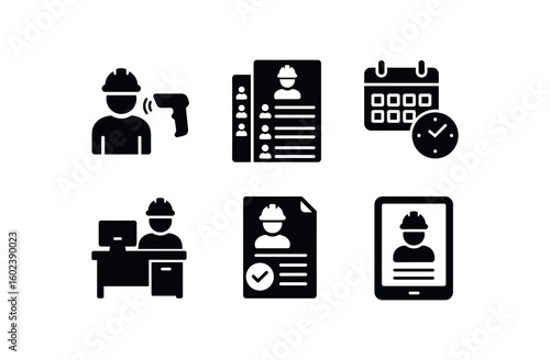solid icon isolated warehouse manager RFID reader warehouse manager staff roster warehouse manager chart warehouse manager office desk warehouse manager performance review form warehouse