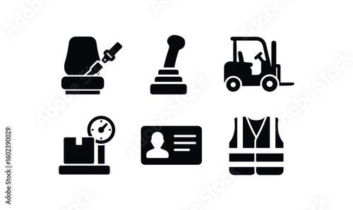 solid icon isolated forklift operator seat belt forklift operator joystick control forklift operator overhead guard forklift operator load scale forklift operator license card forklift