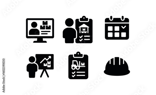 solid icon isolated warehouse manager dashboard warehouse manager clipboard warehouse manager scheduling software warehouse manager KPI board warehouse manager forklift assignment sheet