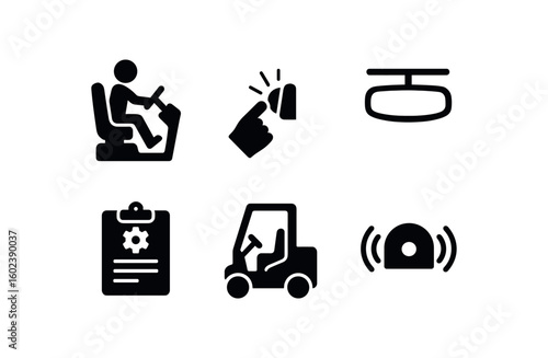 solid icon isolated forklift operator foot pedal forklift operator horn button forklift operator rearview mirror forklift operator maintenance log forklift operator operator cabin forklift
