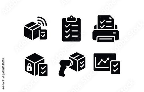 solid icon isolated inventory checking RFID tag inventory checking clipboard form inventory checking report generator inventory checking batch list inventory checking QC scanner inventory