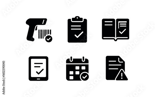 solid icon isolated inventory checking barcode scanner inventory checking t sheet inventory checking stock ledger inventory checking tablet device inventory checking cycle count calendar