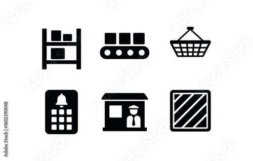 solid icon isolated storage facility inventory shelf storage facility conveyor belt storage facility ing storage facility alarm panel storage facility guard station storage facility