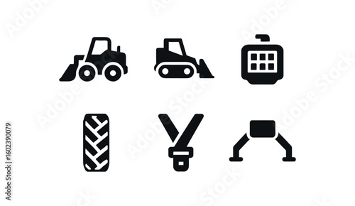 solid icon isolated loader load scale loader leveling blade loader engine compartment loader tire tread loader seat belt loader stabilizer outriggers