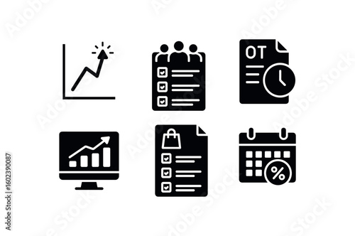 solid icon isolated busy season peak forecast graph busy season staffing plan busy season overtime register busy season demand tracker busy season order backlog list busy season promotional