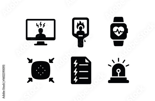 solid icon isolated stress fatigue monitor stress thermal imager stress heart rate monitor stress resilient cushion stress event log stress alarm bell