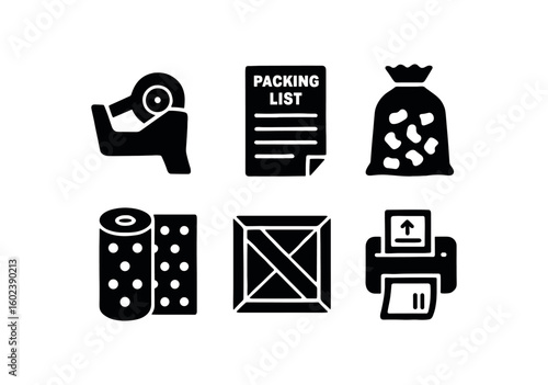 solid icon isolated packing tape dispenser packing list sheet packing peanuts bag packing bubble wrap roll packing crate module packing label printer
