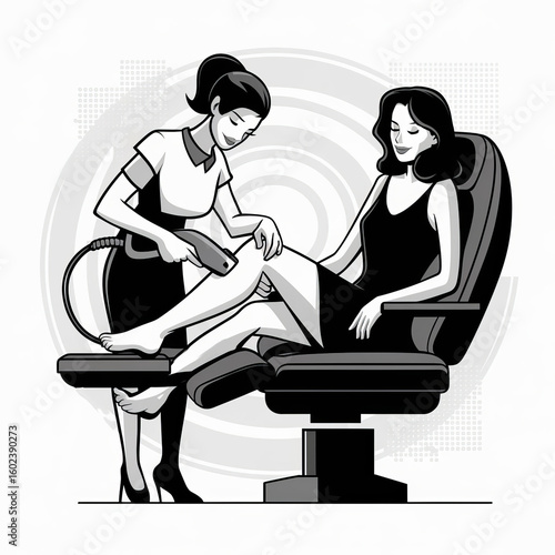 Master doing laser hair removal on woman's leg. Monochrome cartoon illustration in pop art style