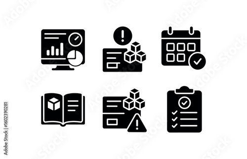 solid icon isolated stock controller dashboard stock controller reorder point indicator stock controller cycle count schedule stock controller ledger book stock controller restocking alert