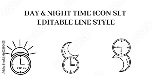 Morning & Night Time Icons – Day-Night Clock Vector Outline Set