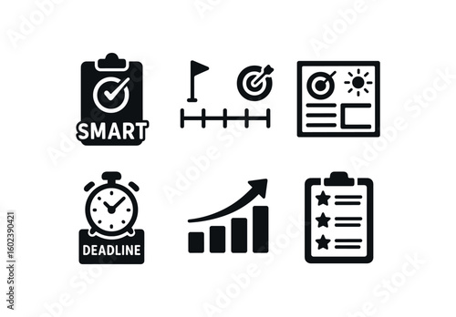 solid icon isolated goal setting SMART template goal setting milestone chart goal setting vision board goal setting dead timer goal setting progress tracker goal setting review form
