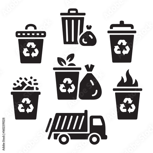 Collection of black and white recycling and garbage related icons set