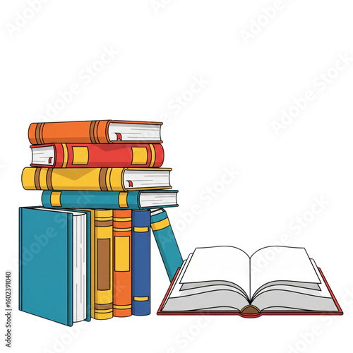 Colorful stack of books with an open book on white background  