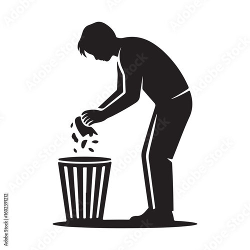 Silhouette of a person throwing trash into a garbage can vector art