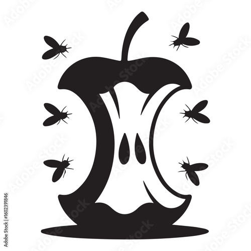 Black silhouette of an apple core surrounded by several black flies
