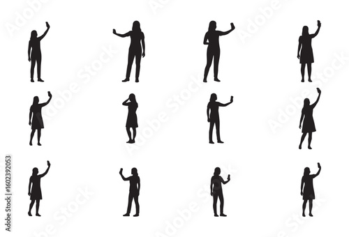 Women Taking Selfies Silhouette Set. Isolated on white background