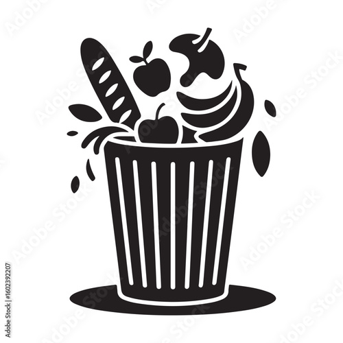 Black silhouette of trash can overflowing with food waste illustration
