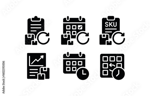 solid icon isolated restock season replenishment sheet restock season vendor schedule restock season SKU list restock season demand model restock season lead time calendar restock season