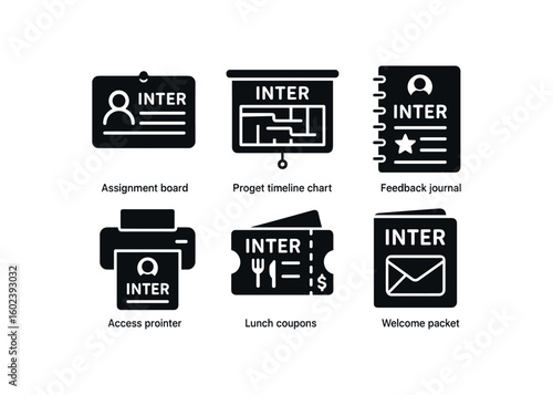 solid icon isolated intern task assignment board intern project time chart intern feedback journal intern access badge printer intern lunch coupon pack intern welcome packet