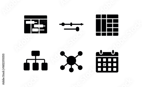 solid icon isolated planning Gantt chart template planning time slider planning pivot table planning scenario map planning mind map node planning resource calendar