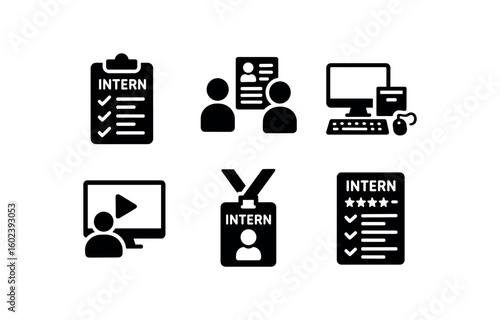 solid icon isolated intern onboarding checklist intern mentorship pairing form intern workstation setup kit intern training video module intern ID badge lanyard intern evaluation survey