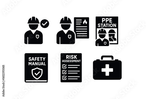 solid icon isolated safety officer check sign safety officer incident log safety officer PPE station safety officer safety manual safety officer risk assessment form safety officer first