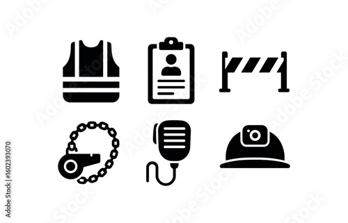 solid icon isolated safety officer vest reflector safety officer inspection clipboard safety officer hazard tape safety officer whistle chain safety officer radio mic safety officer helmet