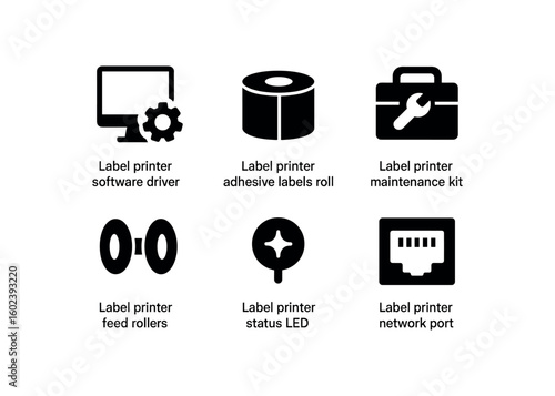 solid icon isolated label printer software driver label printer adhesive labels roll label printer maintenance kit label printer feed rollers label printer status LED label printer network